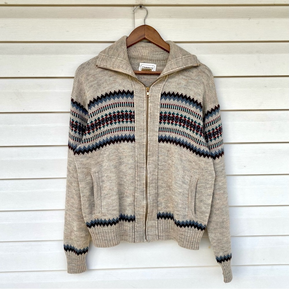 Vintage 80s 90s Campus Cream Sweater Full Zip Medium (C)